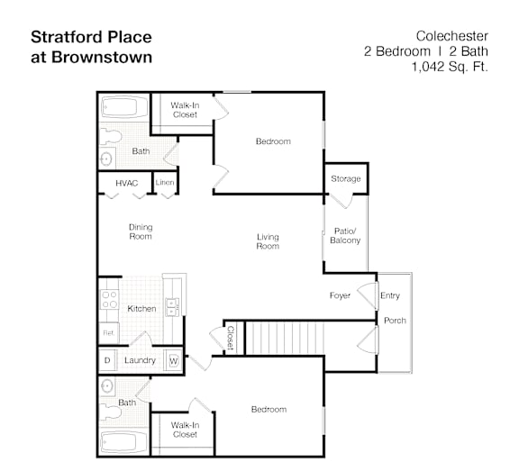 A floor plan of a 2 bedroom, 2 bath apartment at Stratford Place at Brownstown.
