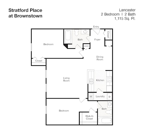 A floor plan for a 2 bedroom, 2 bathroom apartment at Stratford Place at Brownstown.