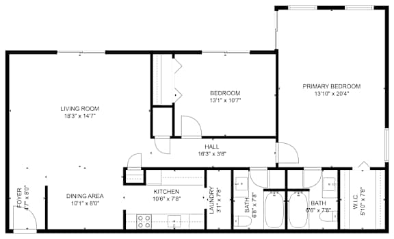 A floor plan of a house with a living room, two bedrooms, a dining area, a kitchen, a laundry room, and a bathroom.