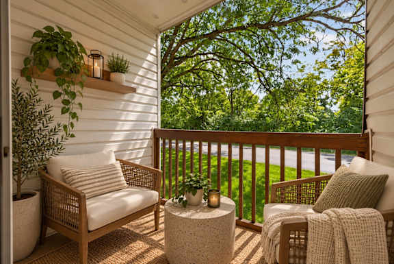 A white chair with a striped pillow sits on a porch.