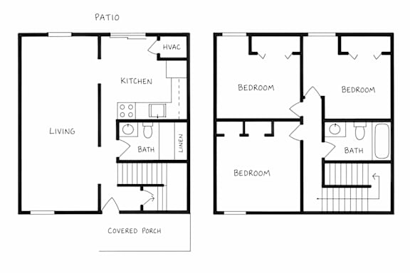 A black and white floor plan of a house with a patio and covered porch.