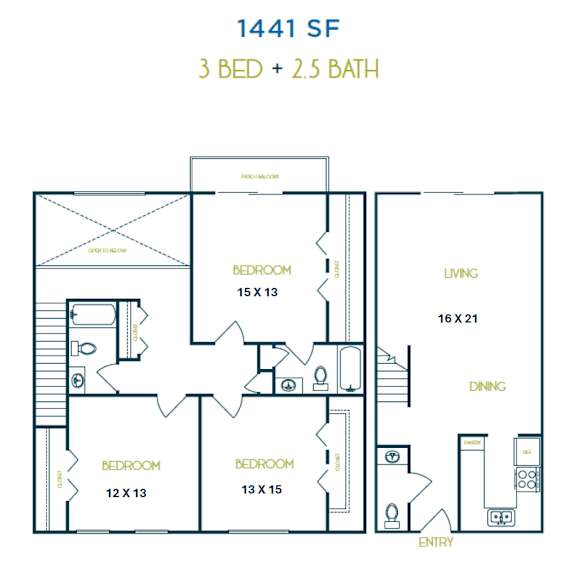 A floor plan for a 1441 square foot home with three bedrooms and two and a half baths.