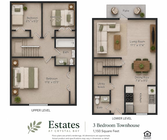 A 3 Bedroom Townhouse at Crystal Bay is shown in two different layouts.