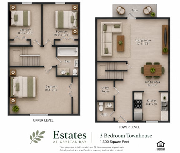 A floor plan of a 3 bedroom townhouse at Crystal Bay.