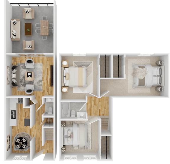 A 3D floor plan of a house showing the layout of the rooms.
