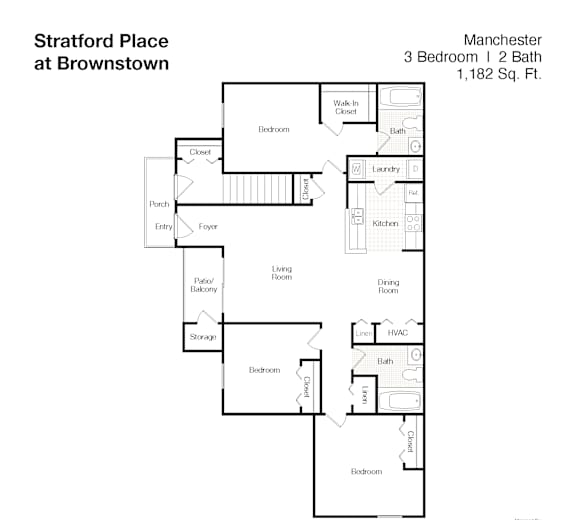 A floor plan of a 3 bedroom, 2 bathroom apartment at Stratford Place at Brownstown, Manchester.