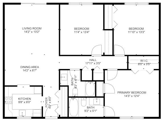 A black and white image of a floor plan for a house with a living room, two bedrooms, a dining area, a kitchen, a foyer, a bath, and a hall.