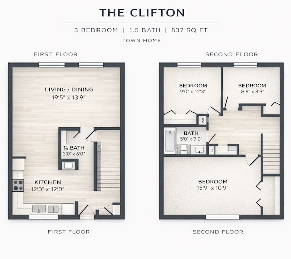A floor plan for a 3 bedroom, 1,5 bath town home sized at 837 square feet.