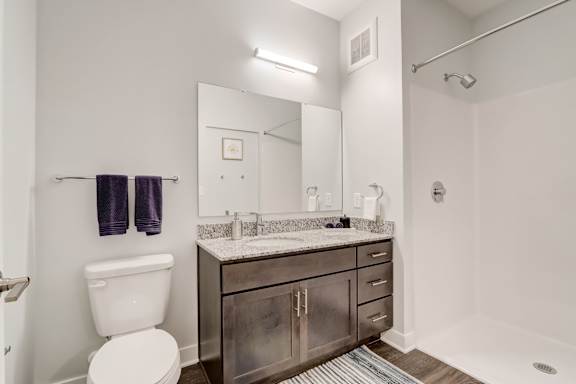 Bathroom with White toilet at Wesmont, Indianapolis, Indiana