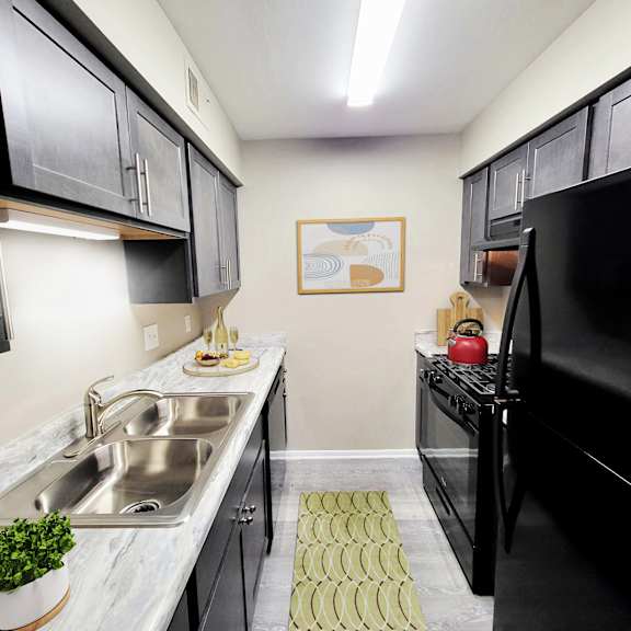 A kitchen with black cabinets and a black refrigerator.