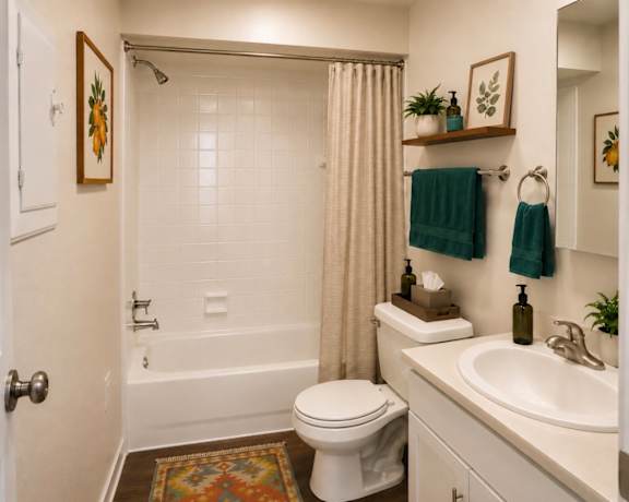 A bathroom with a toilet, sink, and shower.