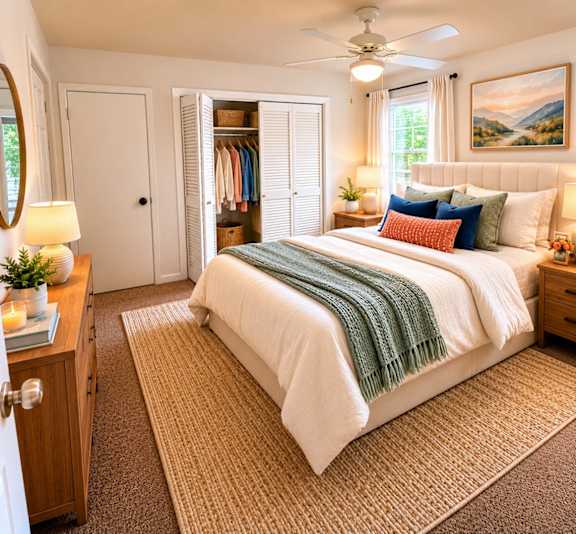 A bedroom with a large bed, a dresser, and a ceiling fan.