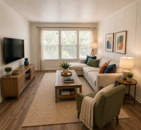 A living room with a white couch, a green armchair, a wooden coffee table, and a flat-screen TV mounted on the wall.