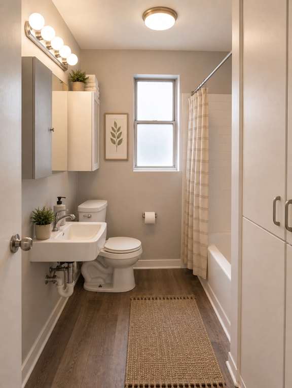 A small bathroom with a toilet, sink, and a window.