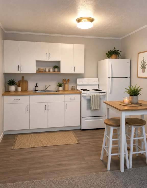 A kitchen with white appliances and wooden floors.