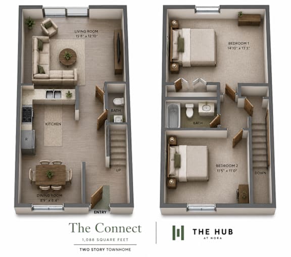 A diagram of a two story townhouse layout with a living room, kitchen, dining room, and two bedrooms.