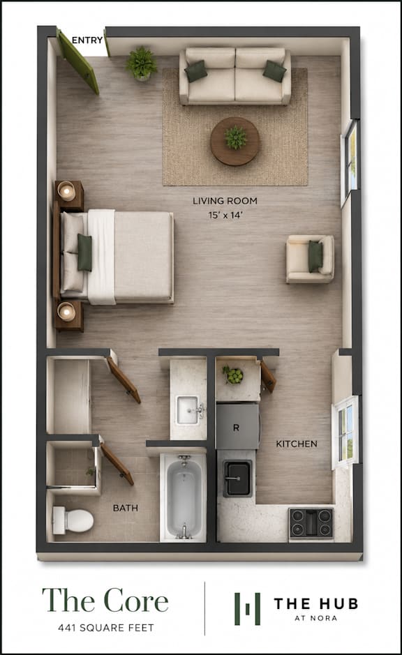 A floor plan of a 441 square foot apartment at The Hub at Nora.