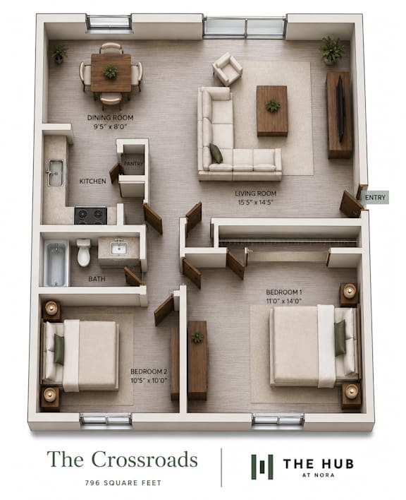 A floor plan of a house with a dining room, living room, kitchen, and two bedrooms.