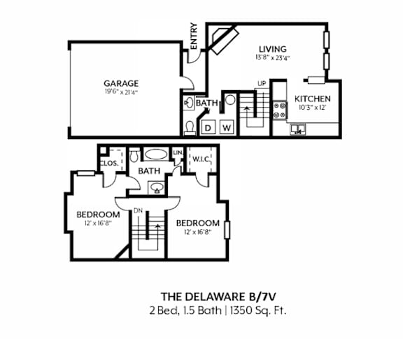 A black and white floor plan of a two bedroom, one bathroom apartment.