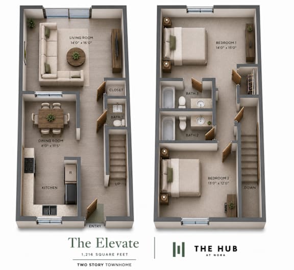 A floor plan of a two story townhome with a living room, dining room, kitchen, and two bedrooms.
