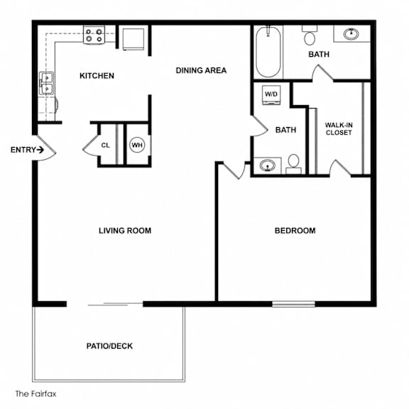 A black and white floor plan of a house with a living room, dining area, kitchen, bedroom, and bathroom.