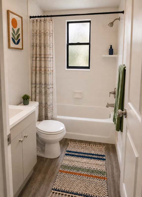 A bathroom with a toilet, sink, and shower.