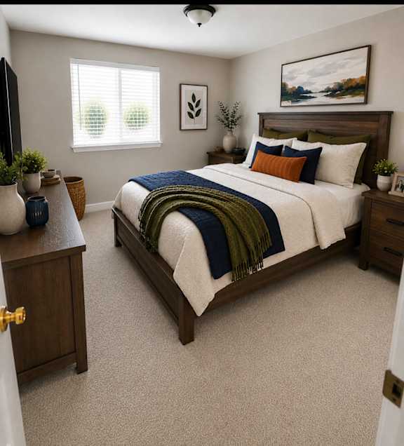 A bedroom with a bed, nightstand, and a painting on the wall.