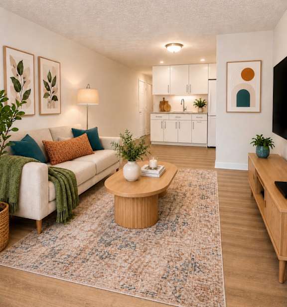 A living room with a white couch, a coffee table, and a rug.
