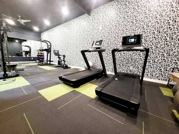 A gym with treadmills and other exercise equipment.
