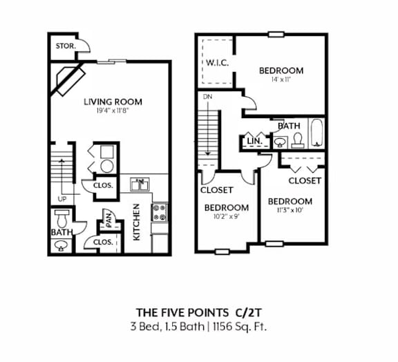 A floor plan of a 3 bedroom, 1.5 bathroom apartment.