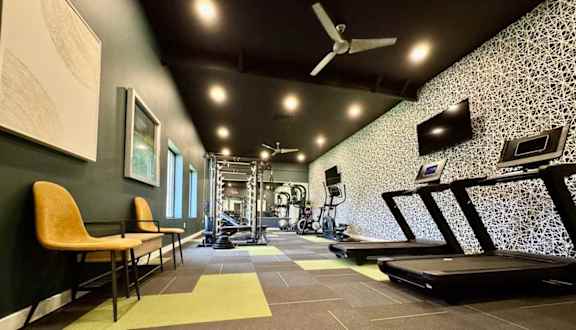 A gym with a treadmill, weights, and exercise equipment.