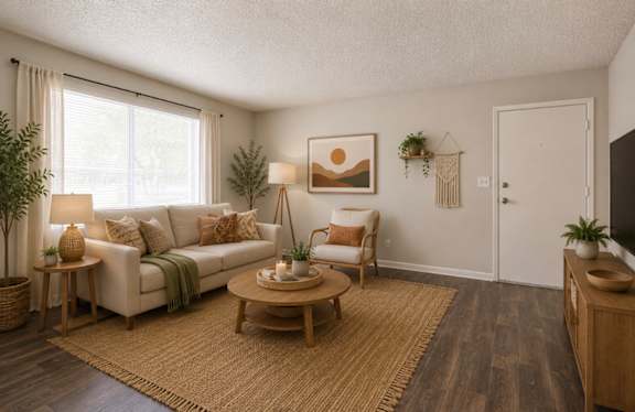 A living room with a white couch, a wooden coffee table, and a painting on the wall.