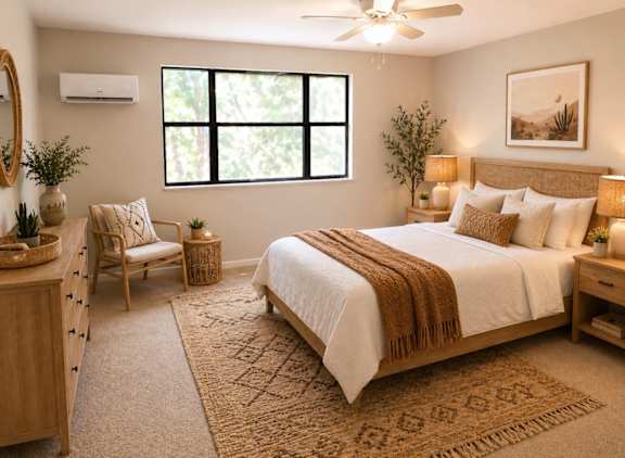 A bedroom with a large bed, a chair, and a rug.