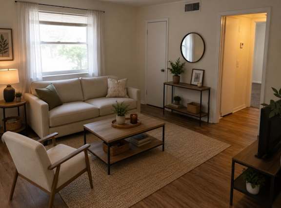 A living room with a white sofa, a wooden chair, and a coffee table.