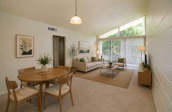 A living room with a dining table and chairs.