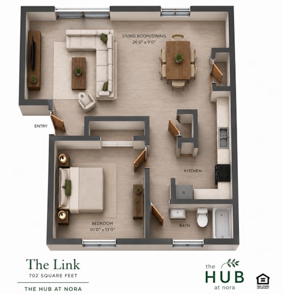 A floor plan of a 702 square foot apartment at The Hub at Nora.