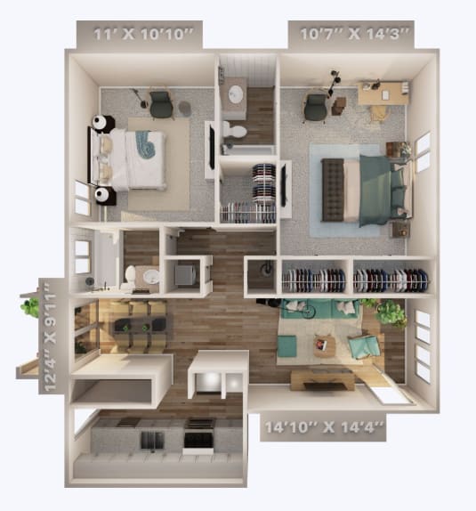 A 3D floor plan of a house with four different rooms.