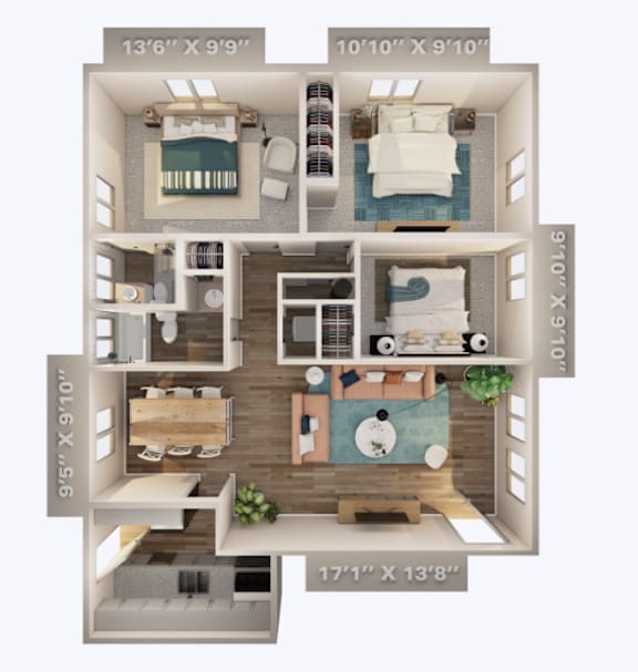 A diagram of a house layout with dimensions.