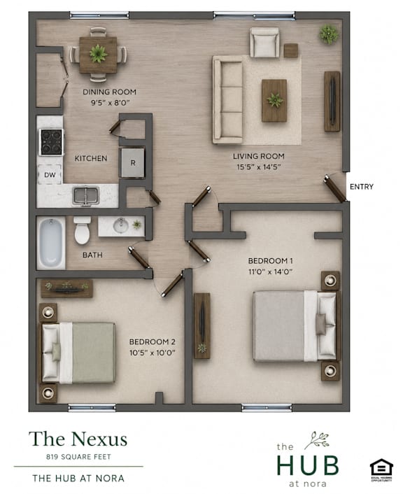 A floor plan of a 819 square feet apartment at The Hub at Nora.
