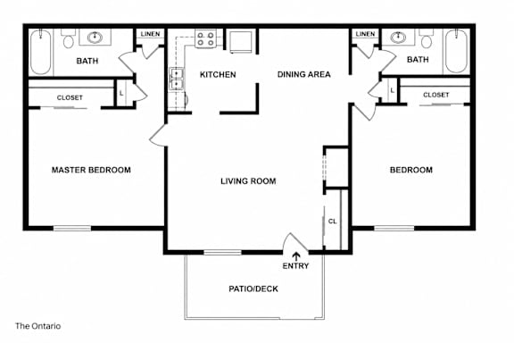 A floor plan of a two bedroom apartment with a living room, kitchen, dining area, and bathrooms.