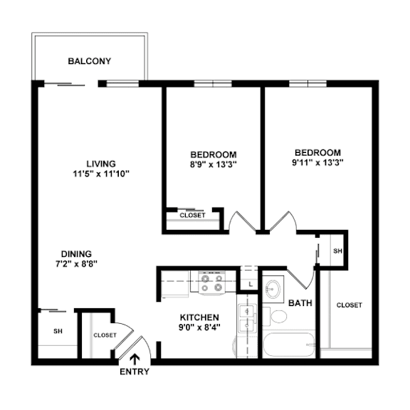 A black and white image of a floor plan for a home with a balcony, living room, dining room, kitchen, and two bedrooms.