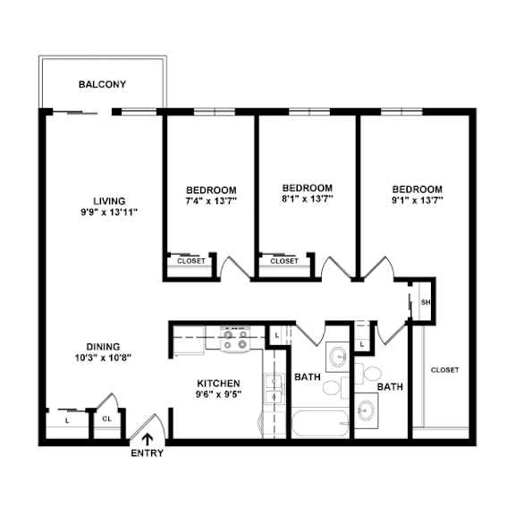 A black and white image of a floor plan for a home with a balcony.