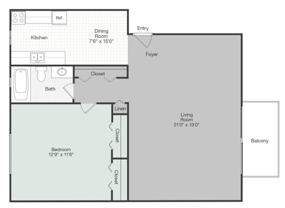 A floor plan of a home showing a living room, dining room, kitchen, and two bedrooms.