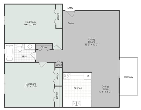 A floor plan of a house with a living room, dining room, kitchen, two bedrooms, a bathroom, and a balcony.