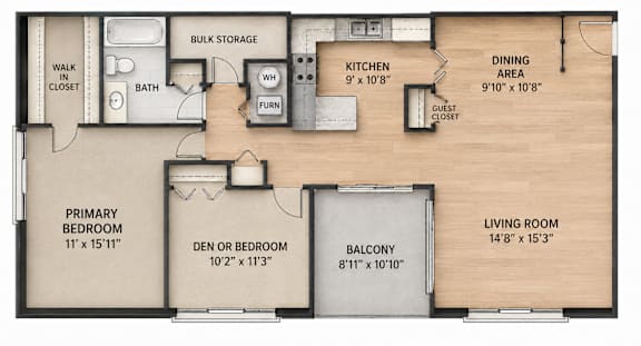 A floor plan of a small apartment with a living room, dining area, kitchen, and two bedrooms.