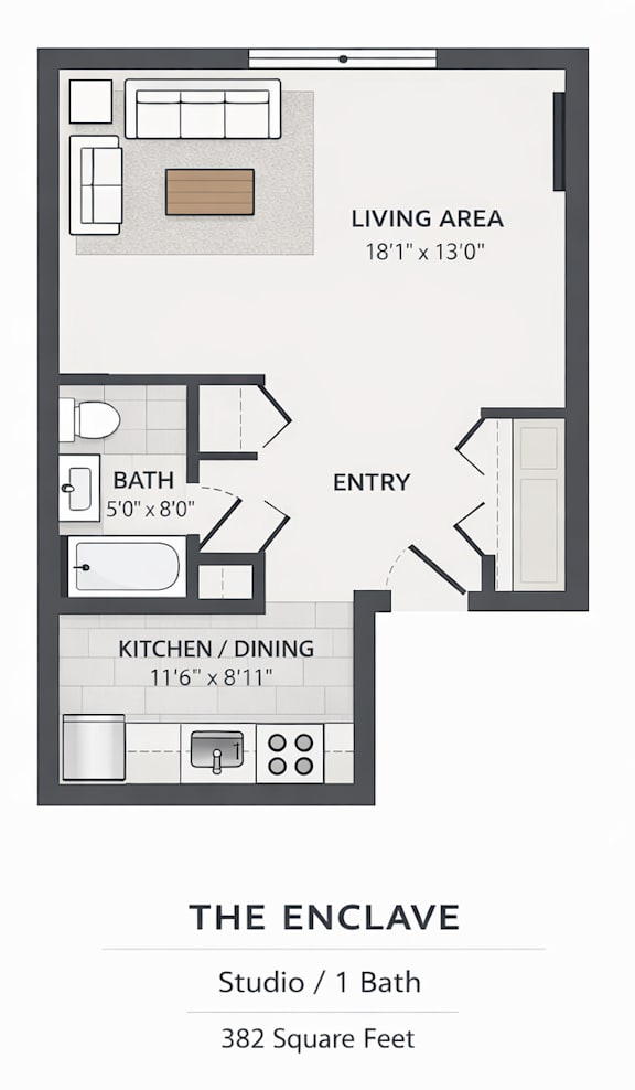 A floor plan of a studio apartment with a living area, kitchen/dining area, and bathroom.