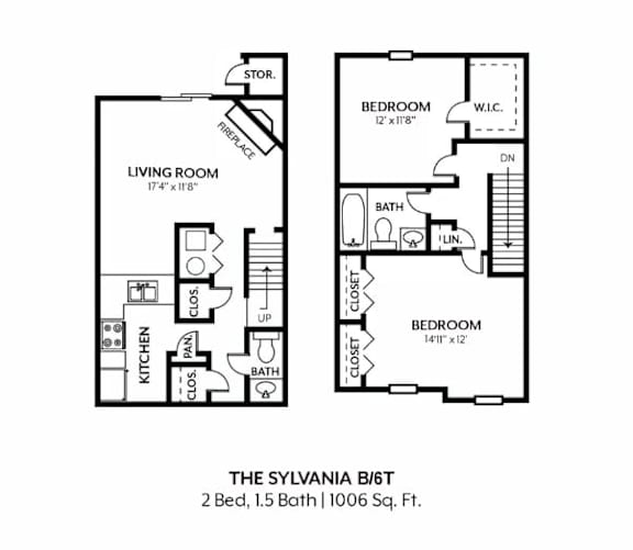 A floor plan of a 2 bedroom, 1.5 bath apartment.