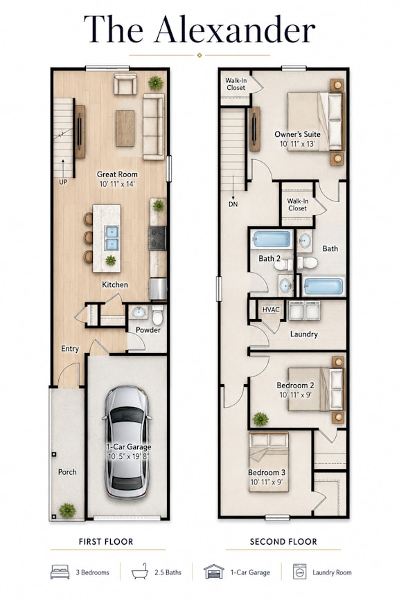 A floor plan of a two-story apartment named The Alexander.