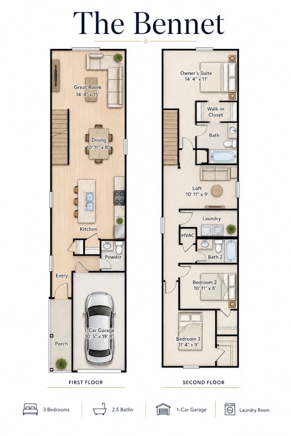 A floor plan of a two-story apartment named The Bennet.