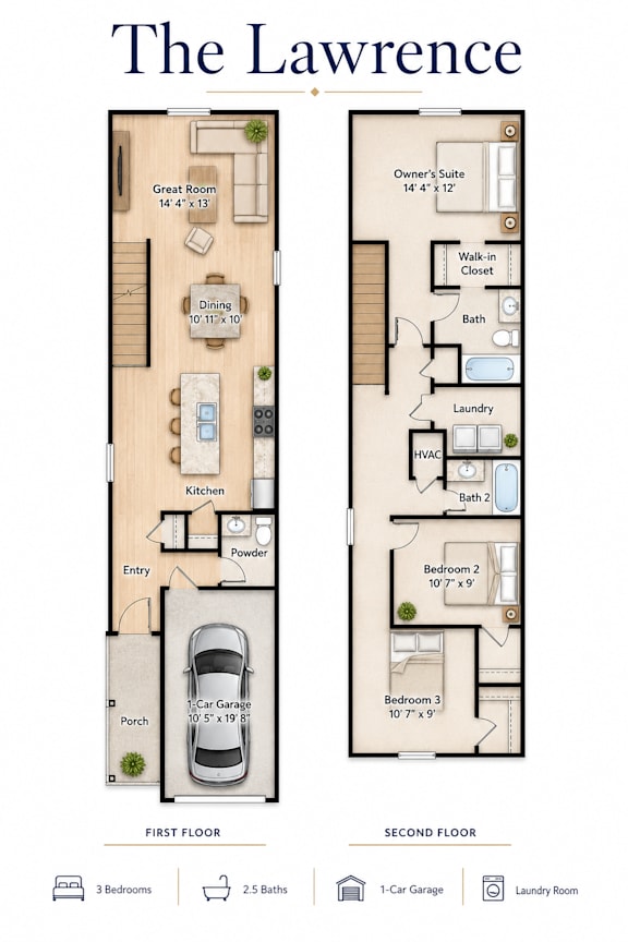 A floor plan of a two-story home named The Lawrence.